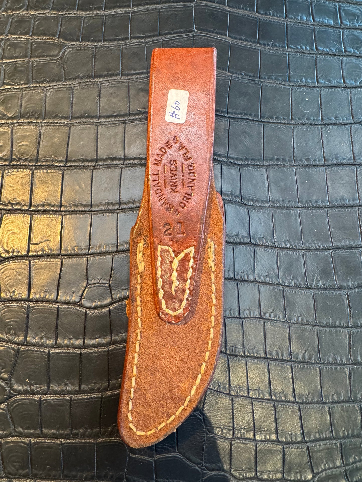 Randall Model 21 Sheath Butterfly stitching in Tan Leather made by Johnson Sheaths in the 90’s for Randall Knives.