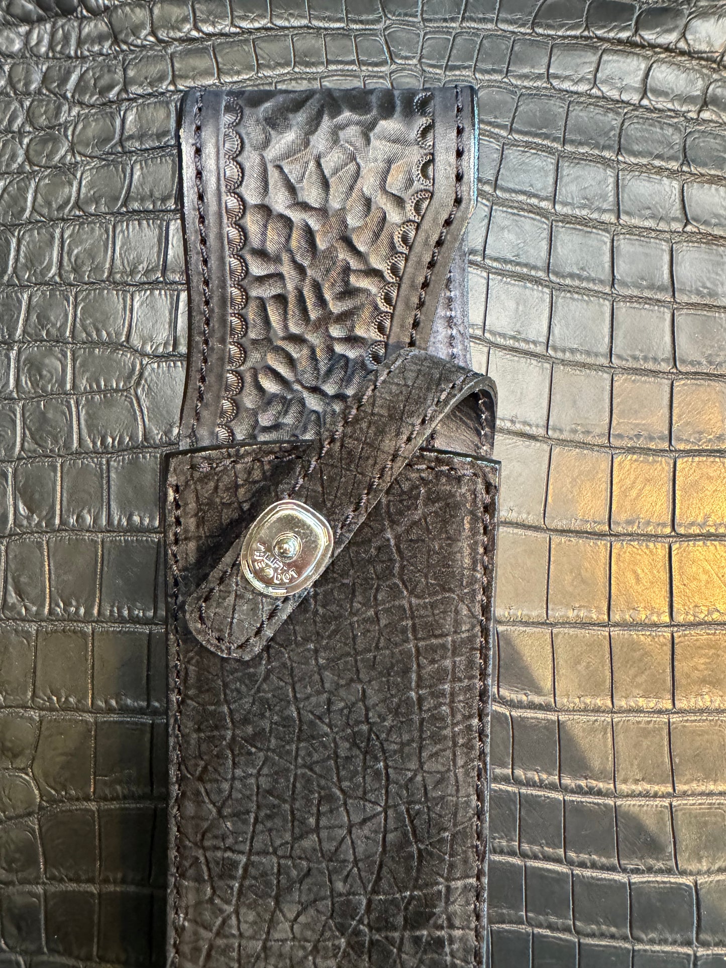 Randall Model 12-11 Smithsonian “Smitty” in Black Hippo, forward curved hilt, Canteen Snap, full brass stamping and stitching.