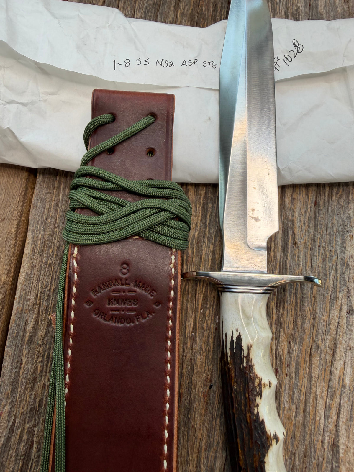 New in Paper Randall Made Knife Model 1-8 Stag with finger grooves handle, Stainless, Nickel silver Hilt, black and aluminum spacers, loaded!!