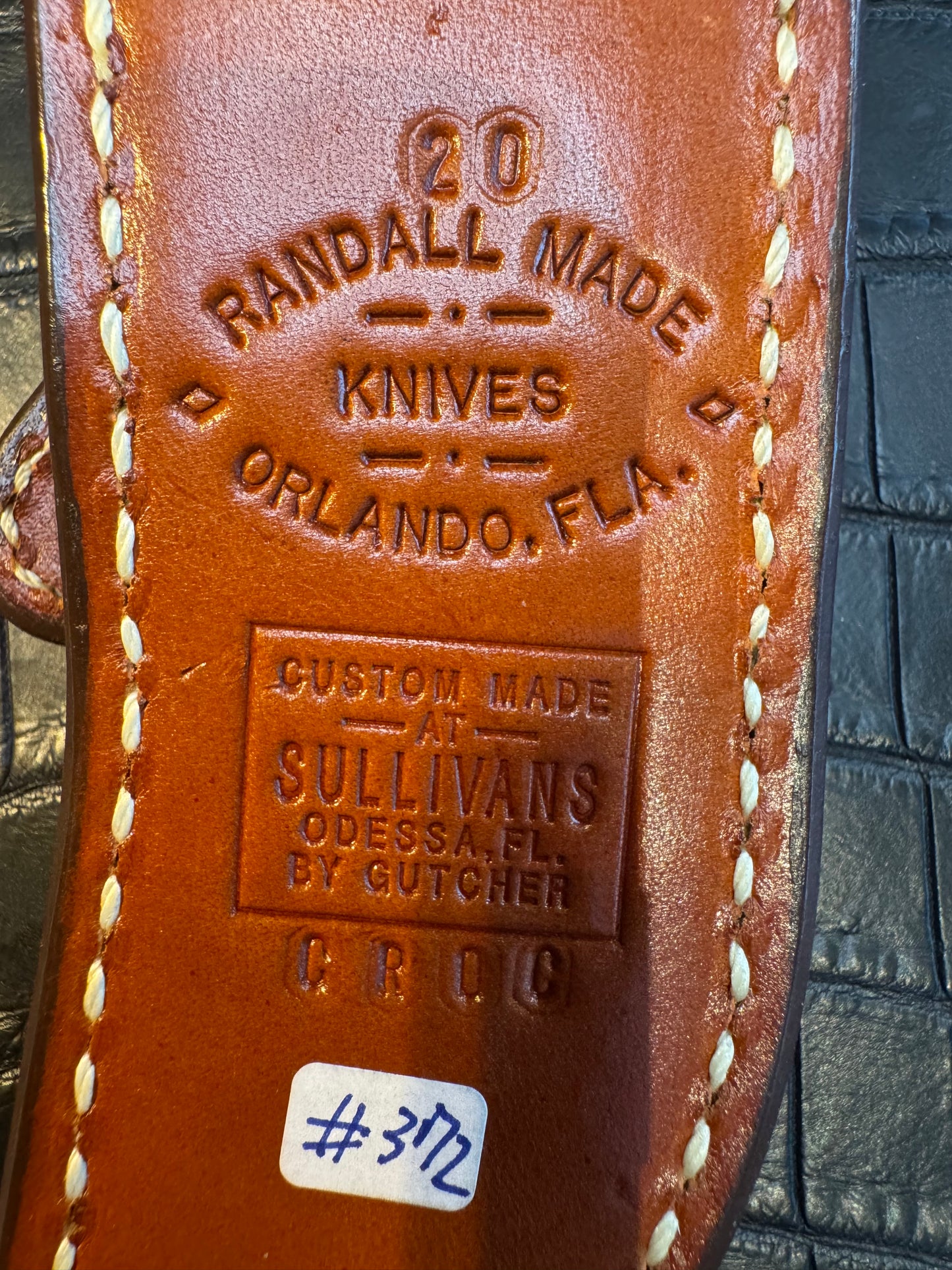 New Randall Model 20 Sheath in Exotic Brown Crocodile Custom Made at Sullivan’s by Gutcher.