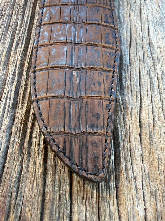 New Randall Model 12-9 Sheath in Exotic Dark Brown Sueded Crocodile from Treeman with the newest Black Canteen snap.