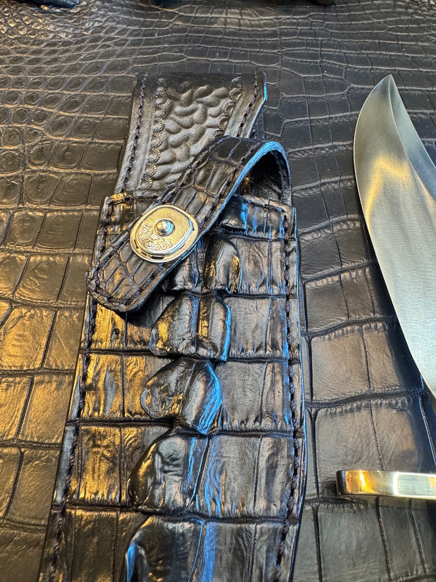 Randall Model 12-8 “Big Bear” Sheath in Exotic Black Hornback Crocodile Tail by Treeman. (Sheath only)