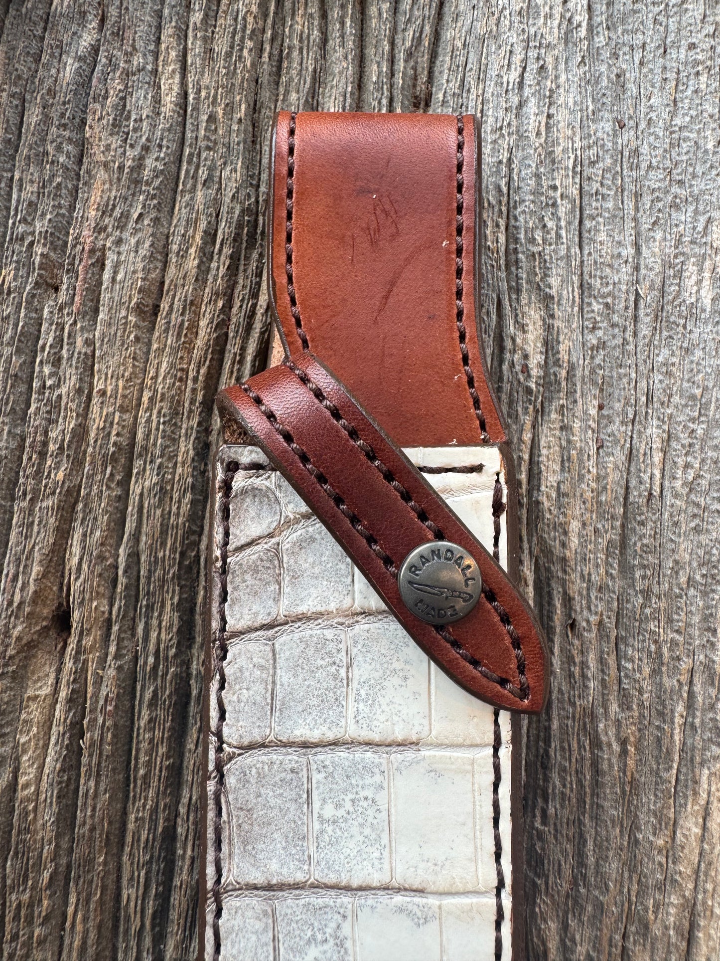 New Randall Model 1-8 or 2-8 Sheath in Exotic white and black Natural Croc with full leather belt loop. Custom Made at Sullivan’s by Gutcher with Randall stamp on back and snap.