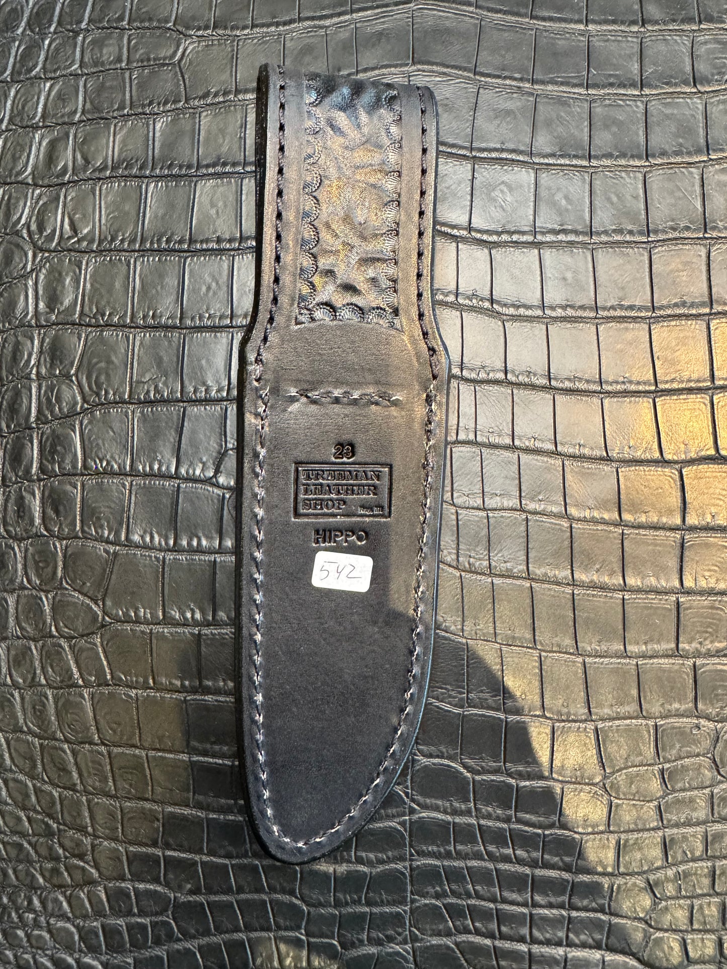 Randall Model 23 in Black Hippo Straight hilt, Canteen Snap, full brass stamping and stitching.