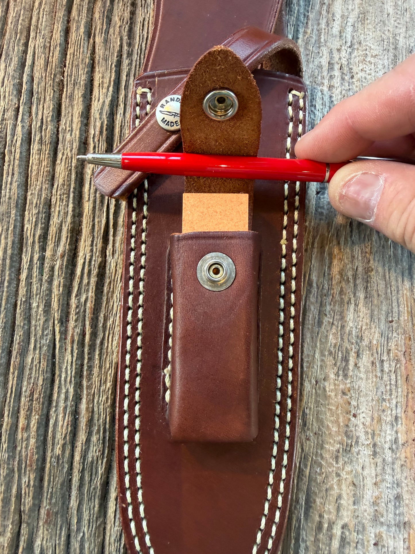 Mint Randall by Gutcher Knife Sheath for a Model 14 or 18-7.5, Randall snaps, double stitched, pouch with stone, lanyards straps as well.