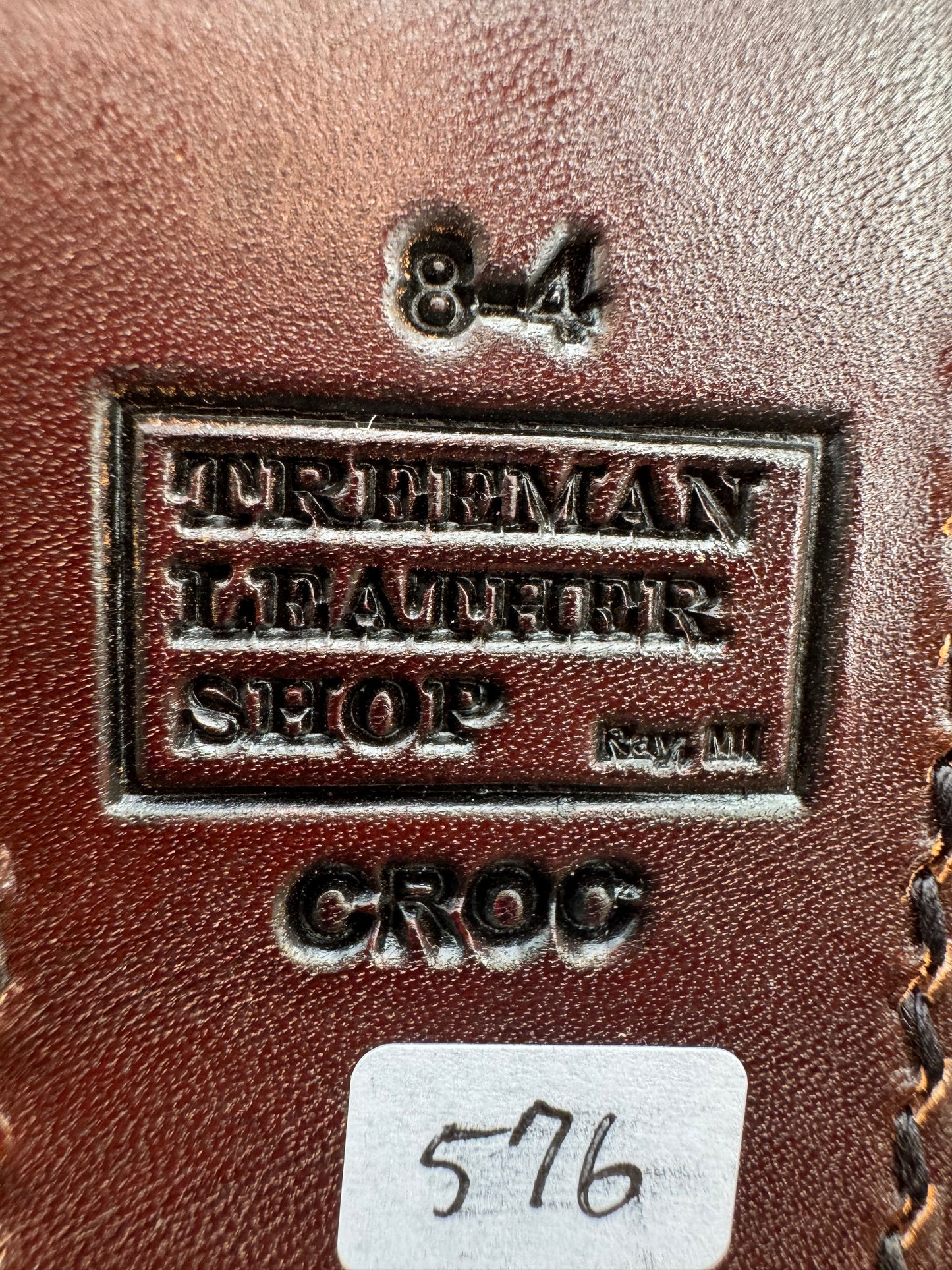 Randall Model 8-4 Sheath in Exotic Brown Sueded Crocodile from Treeman.