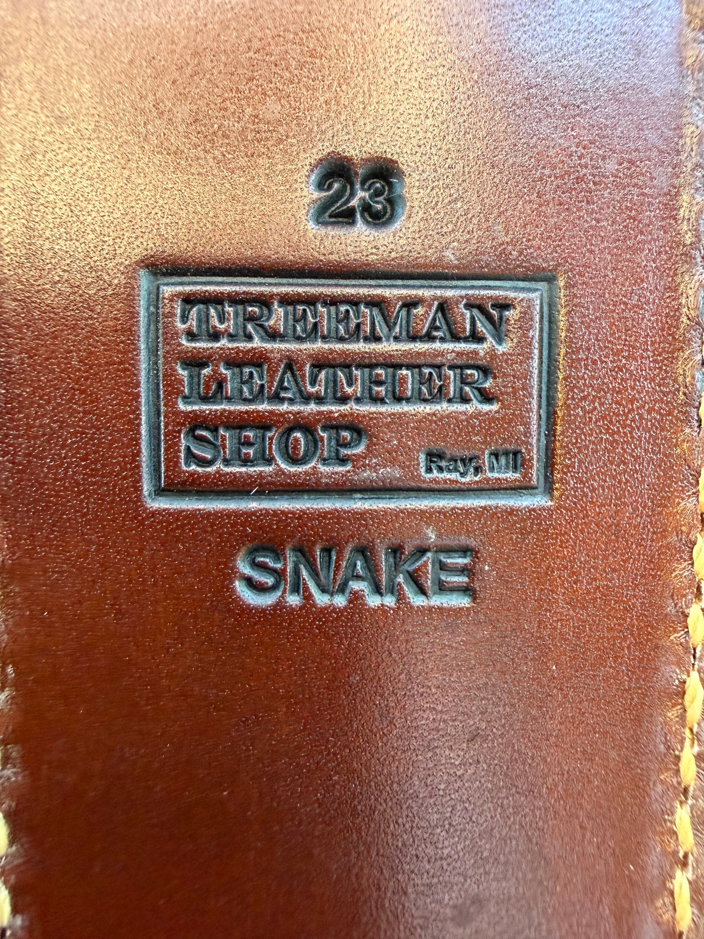 Randall Model 23 Sheath in Exotic Eastern Copperhead from Treeman Sheaths. Stunning colors and pattern.