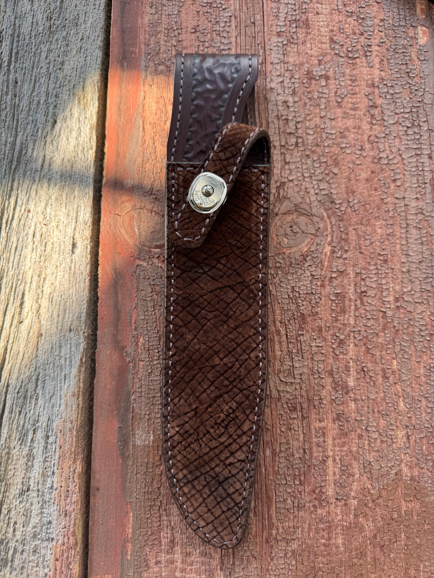 Randall Model 1-8 Sheath in Exotic Sueded Chocolate Brown Hippo by Treeman.