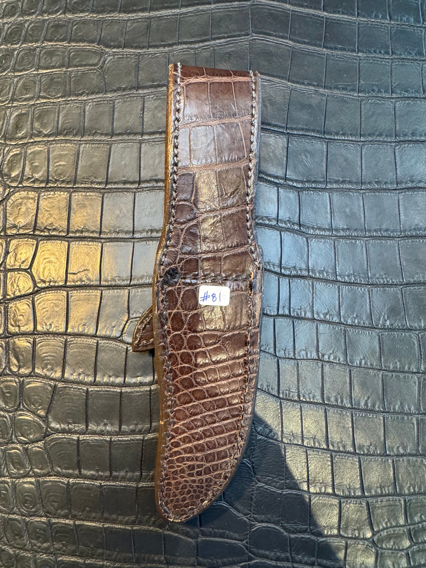 New Randall Model 8-4X Sheath in Exotic Full ( both sides) Brown Crocodile Custom Made at Sullivan’s by Gutcher.