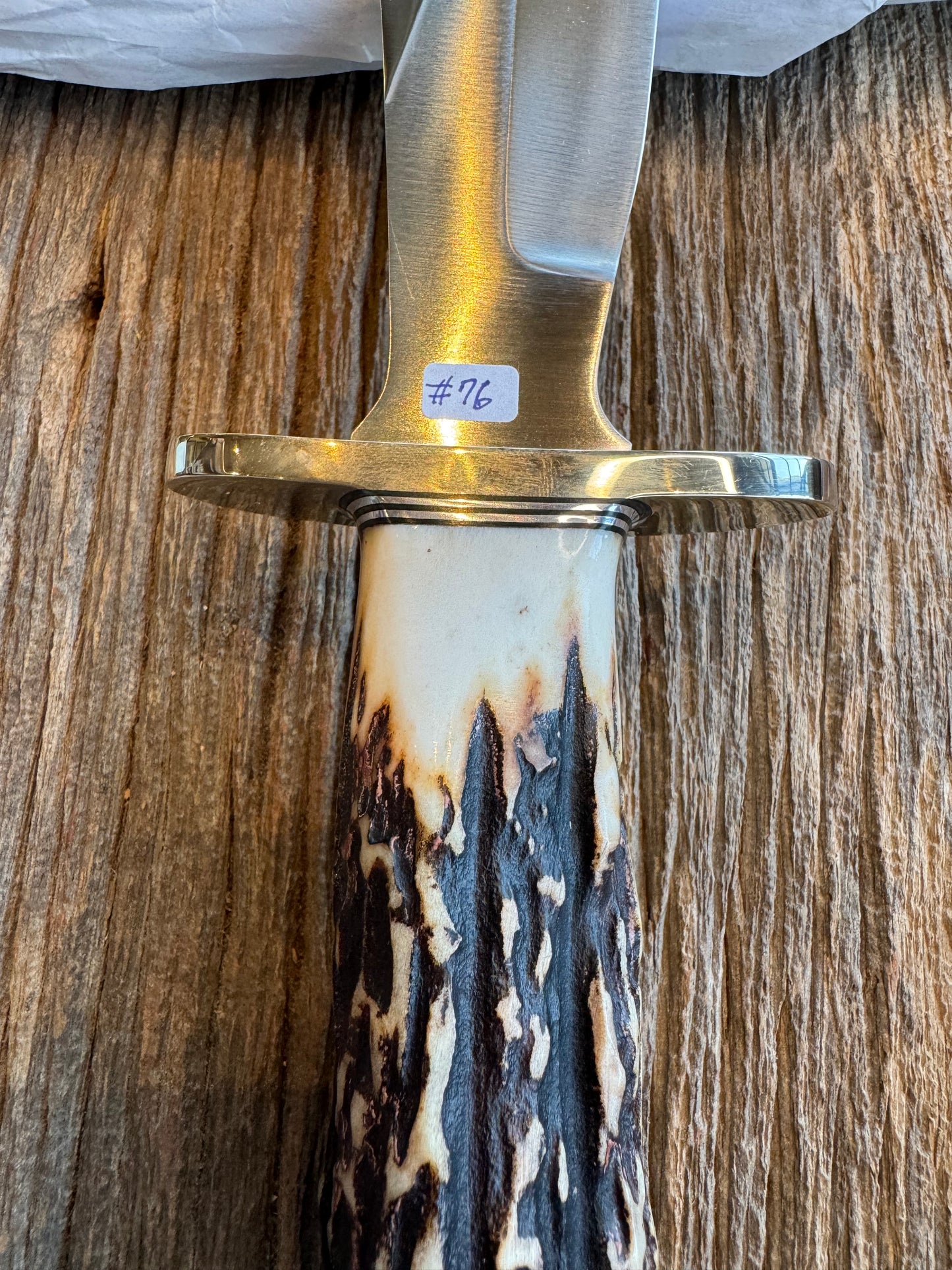 New in paper Randall Knife Model 12-8 “Big Bear” Large piece of Gnarly Popcorn Stag. Nickel silver hilt and butt cap. Stainless steel.