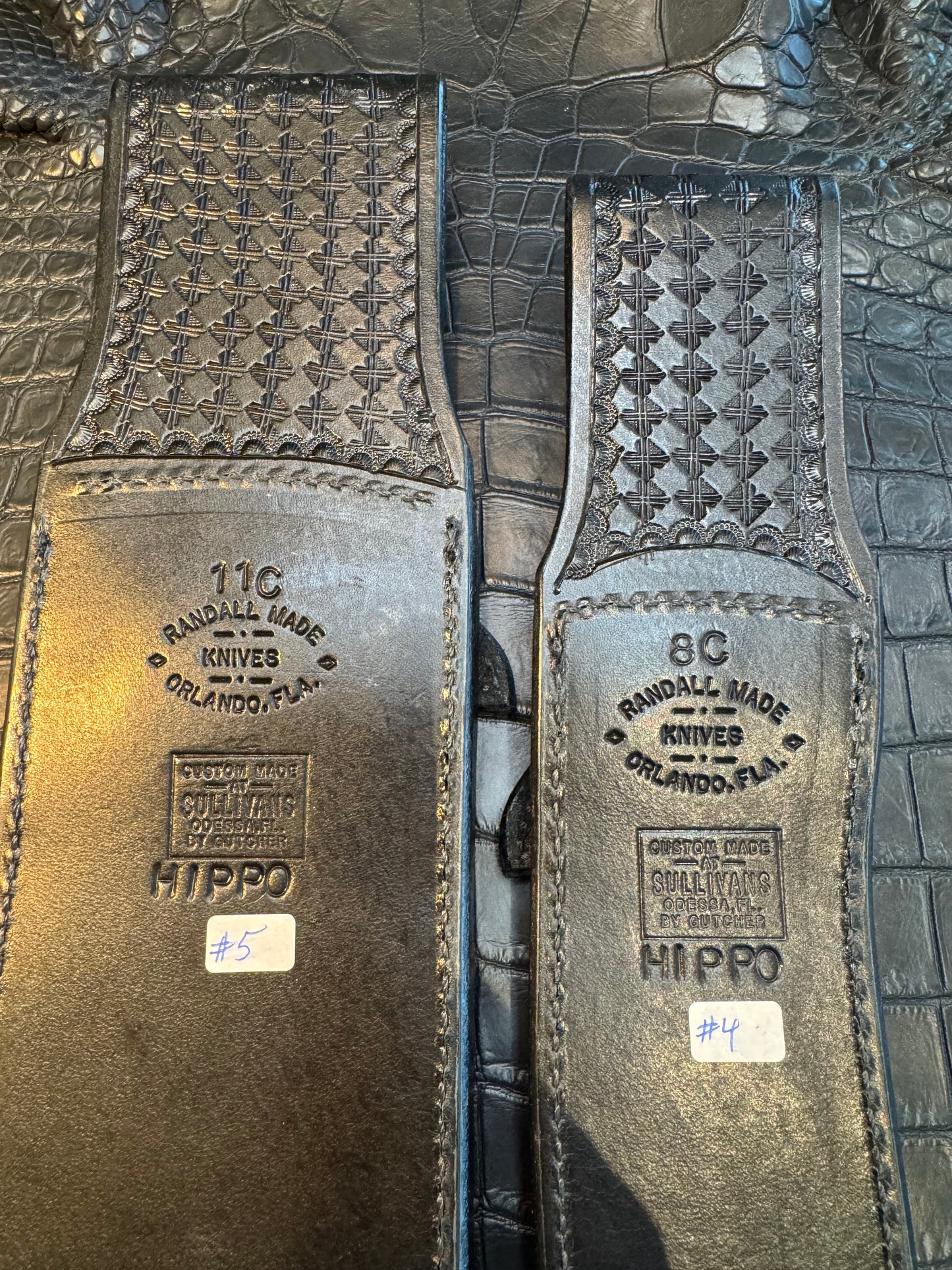 New Randall Pair of Model 12-11 Large Sasquatch and matching 12-8 Small Sasquatch Sheath’s in Exotic Black Hippo (very rare) Custom Made at Sullivan’s by Gutcher.