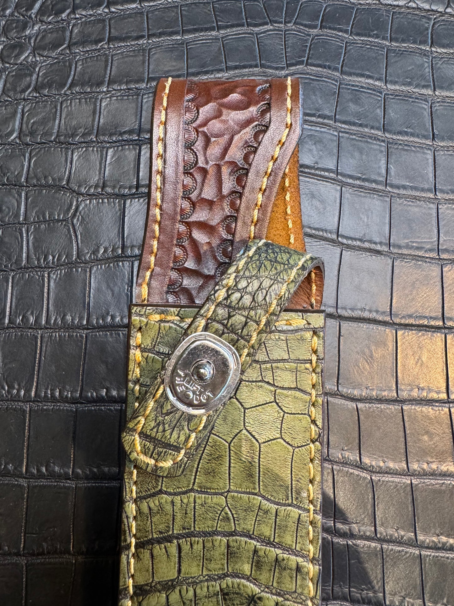 Randall Model 1-8 in Army Green Crocodile. Straight hilt, Canteen Snap, full brass stamping and stitching.