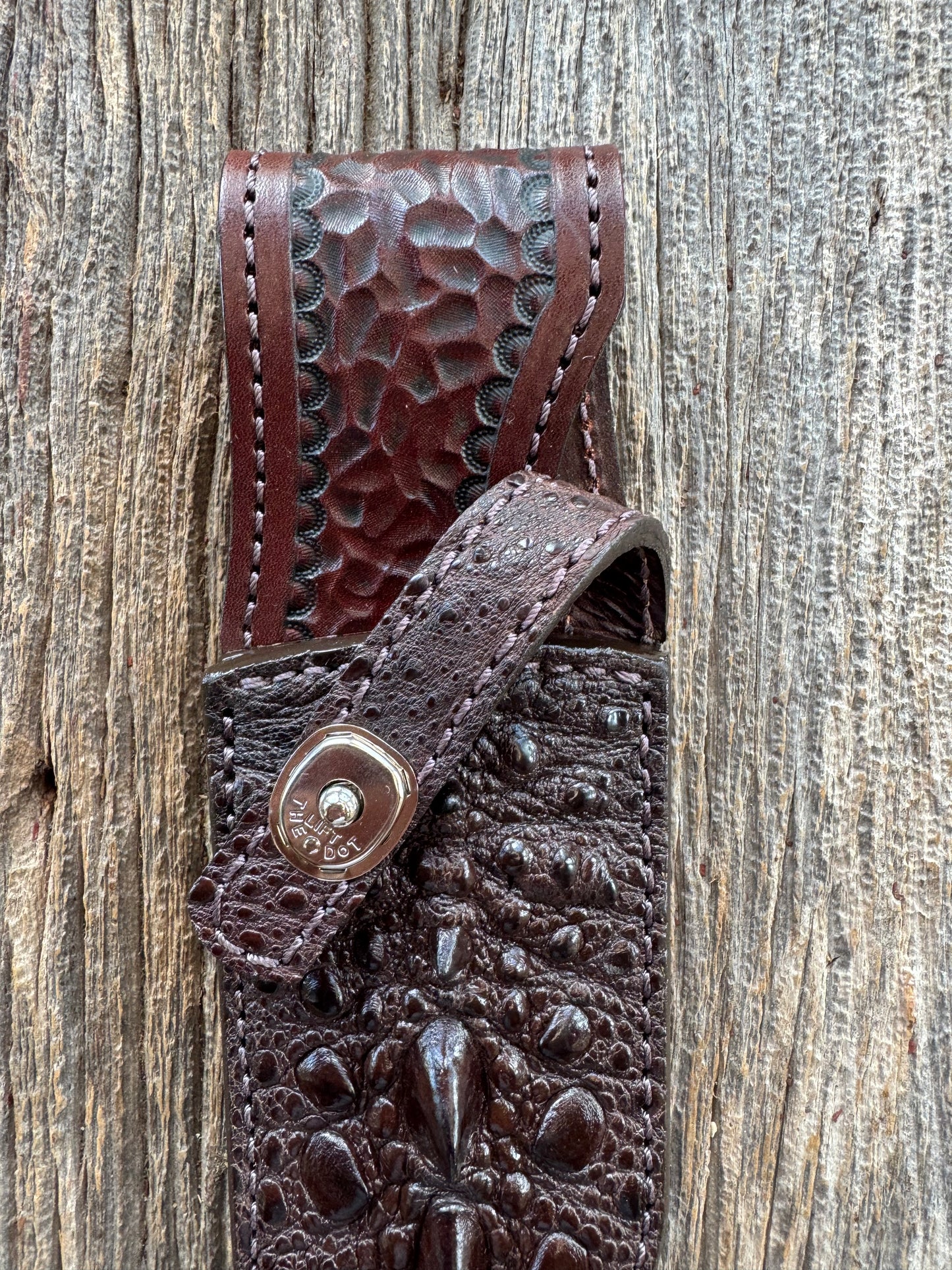 Randall Model 12-8 “Big Bear” Sheath in Exotic Dark Brown Snapping Turtle by Treeman. Spiked Dragon tail portion of the turtle.