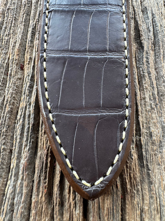 New Randall Model Combat Companion Sheath in Exotic Brown Natural Croc with full leather hand tooled belt loop. Custom Made at Sullivan’s by Gutcher.