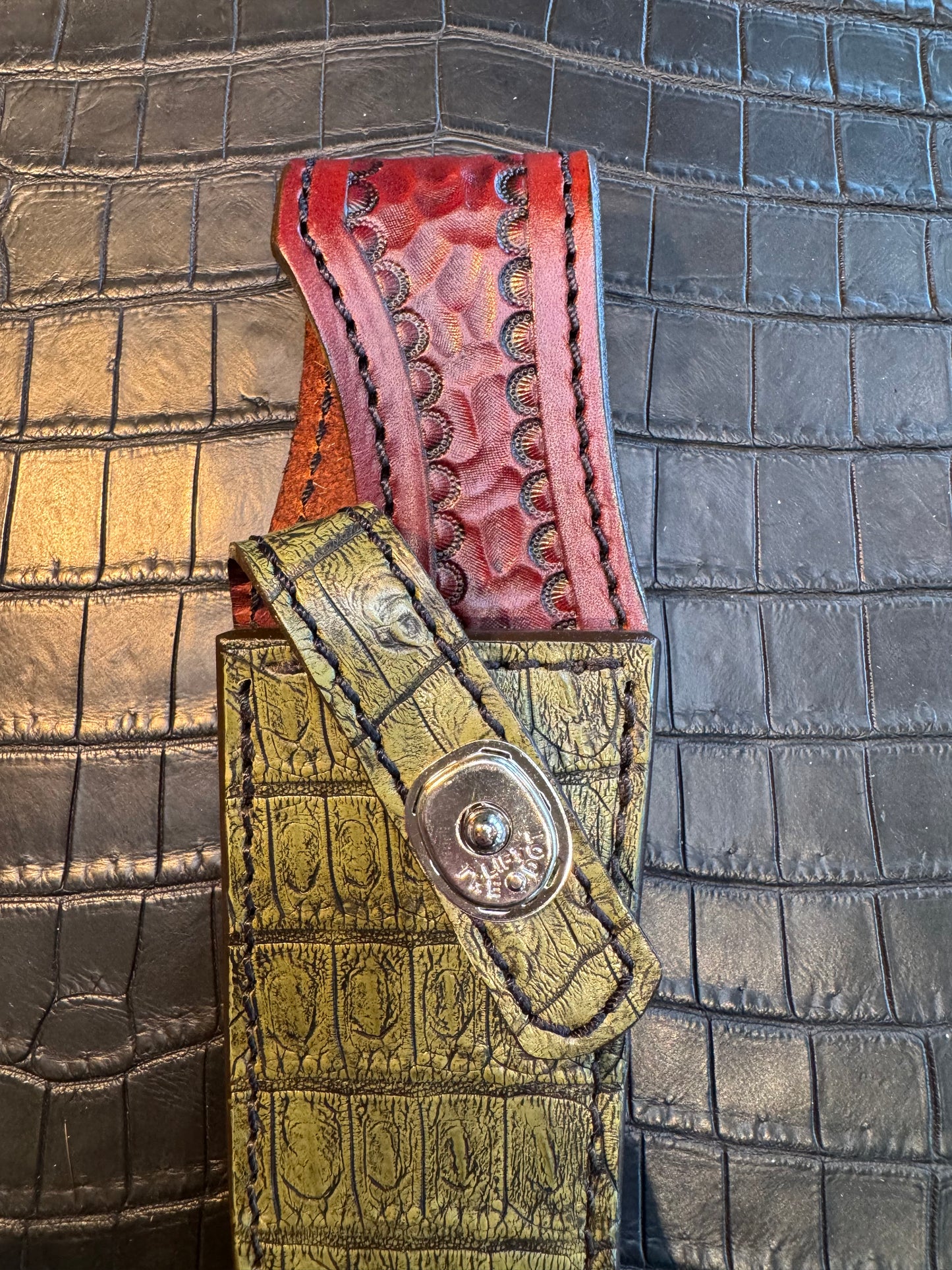 Randall Model 3-5 Exotic Sheath in Army Green Crocodile by Treeman.