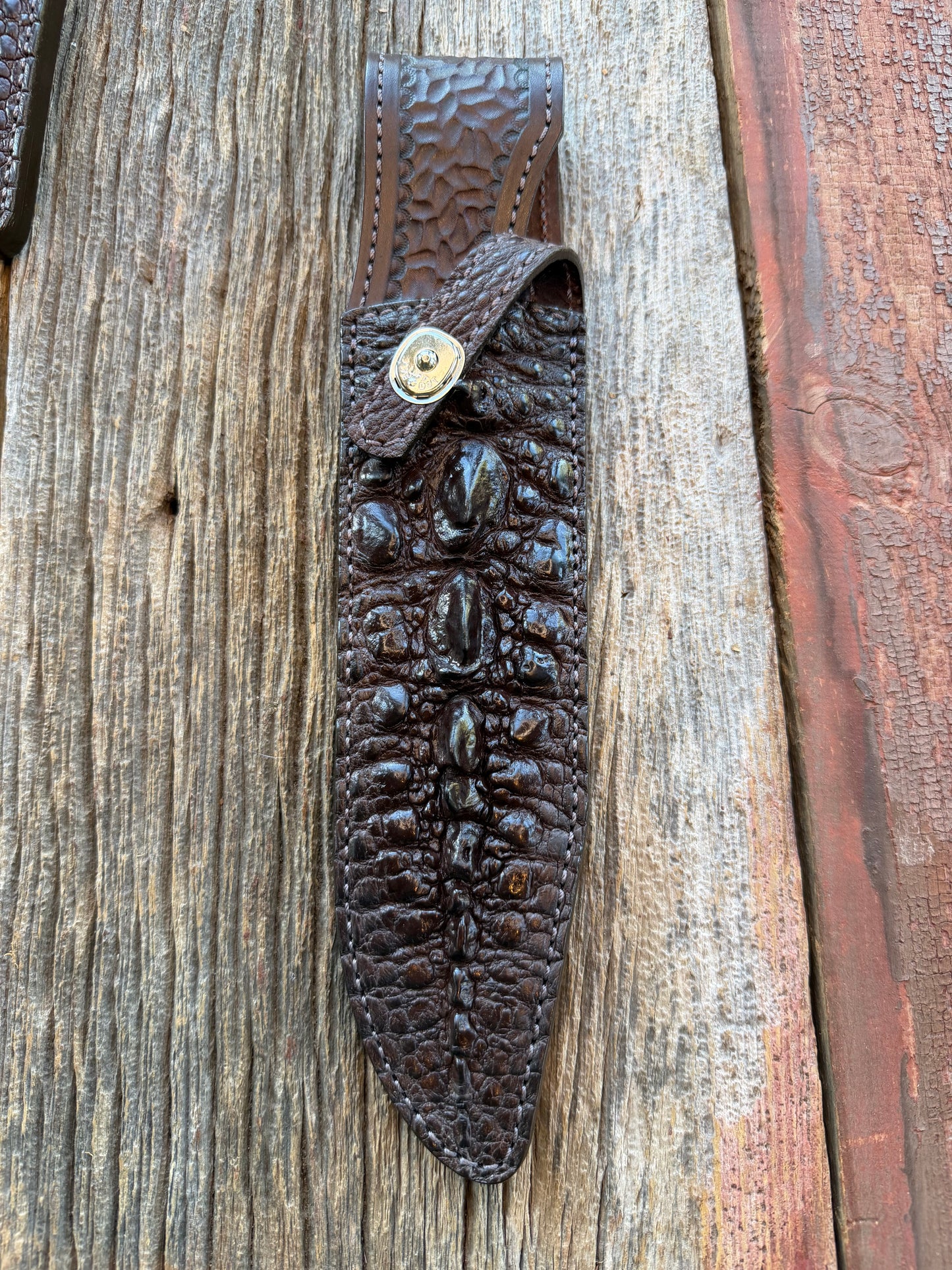 New Randall Model 12-9/14 Grind Sheath in Exotic Brown Snapping Turtle by Treeman. Spiked Dragon tail portion of the turtle. Huge Spikes