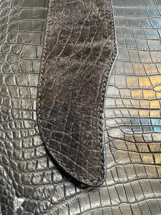 Randall Model 12-11 Smithsonian “Smitty” in Black Hippo, forward curved hilt, Canteen Snap, full brass stamping and stitching.