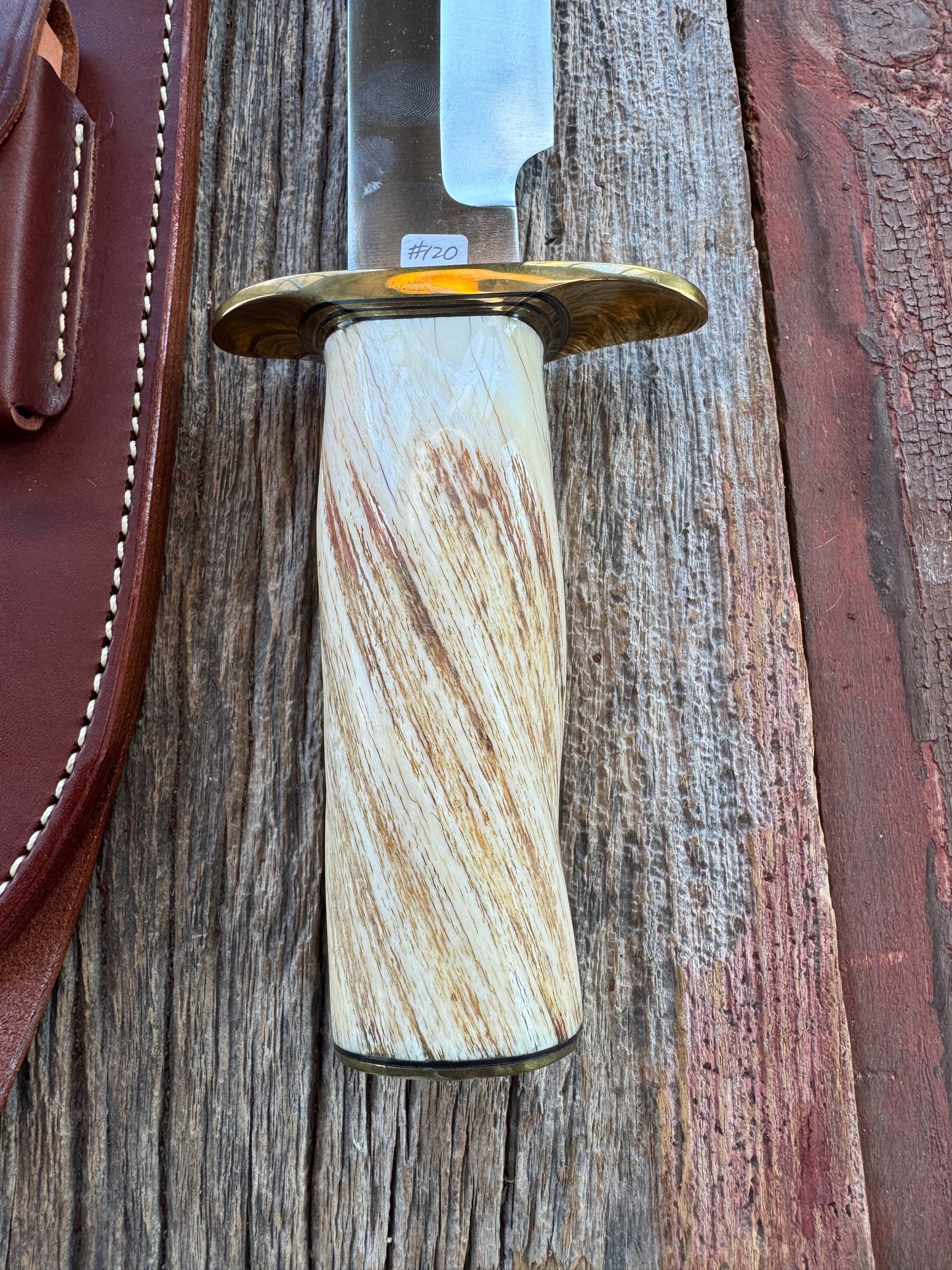 Rare Randall Model 12-9 in Beautiful Spiraled Narwal, Brass hilt and butt plate. Stainless steel, Stunning and rare. Really really fat handle.