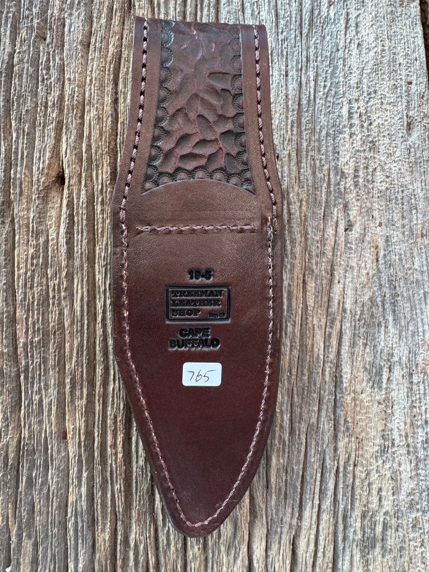 Randall Model 19-5 Exotic Cape Buffalo Sheath in dark brown leather from Treeman.