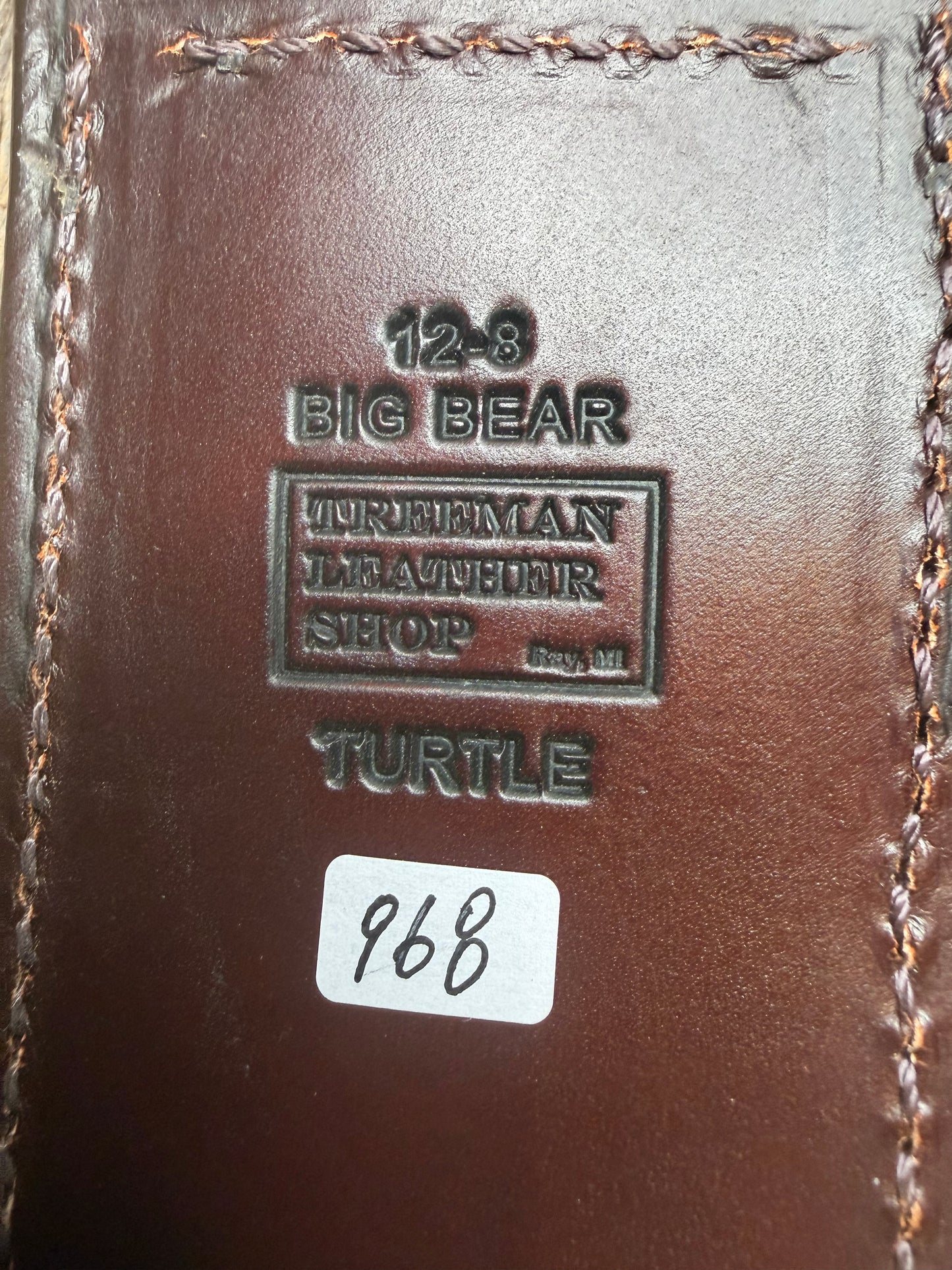 Randall Model 12-8 “Big Bear” Sheath in Exotic Dark Brown Snapping Turtle by Treeman. FCH and new black canteen snap… Spiked Dragon tail portion of the turtle.
