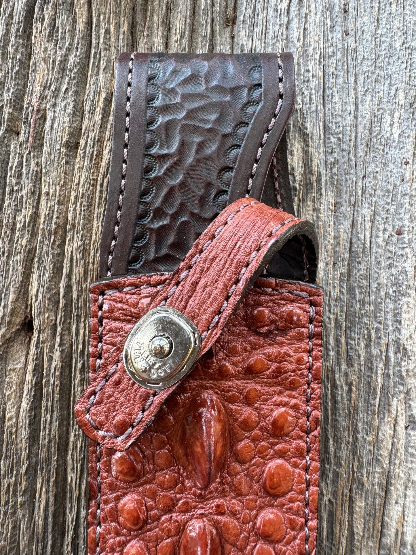 Randall Model 12-8 “Big Bear” Sheath in Exotic Rust Snapping Turtle by Treeman. Spiked Dragon tail portion of the turtle.