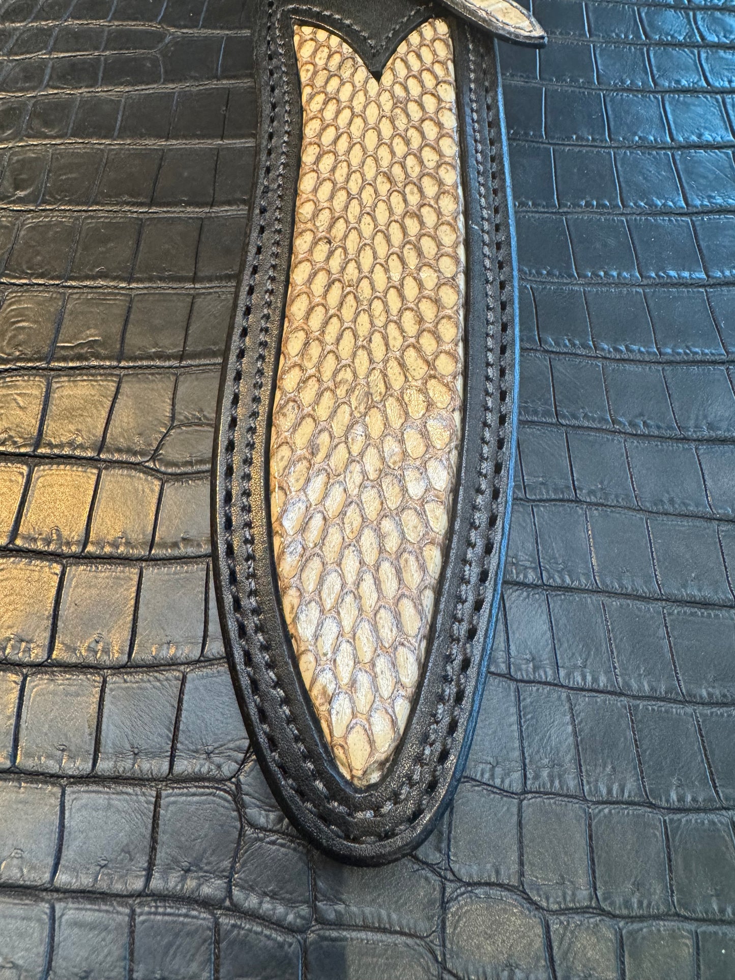 Randall Model Small Sasquatch Sheath in Exotic Python Inlay Custom Made at Sullivan’s by Gutcher.