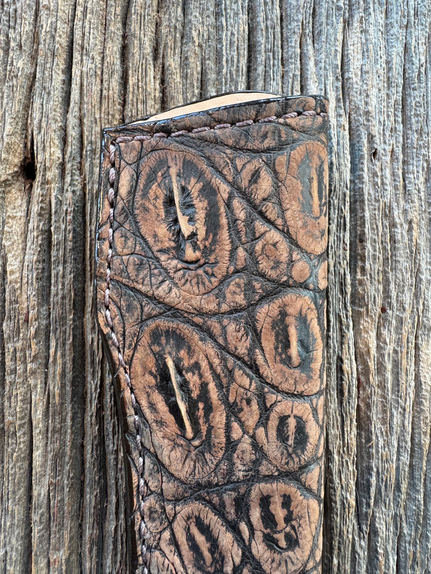 Randall Model 26 Sheath in Exotic Brown Sueded Crocodile Throat style from Treeman.