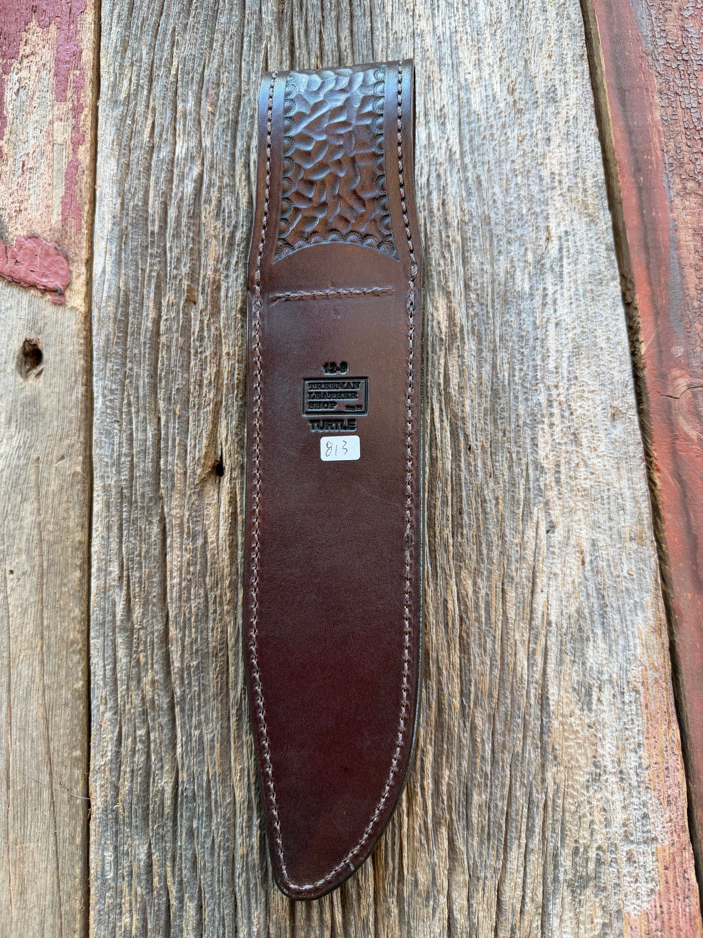 New Randall Model 12-9/14 Grind Sheath in Exotic Brown Snapping Turtle by Treeman. Spiked Dragon tail portion of the turtle.