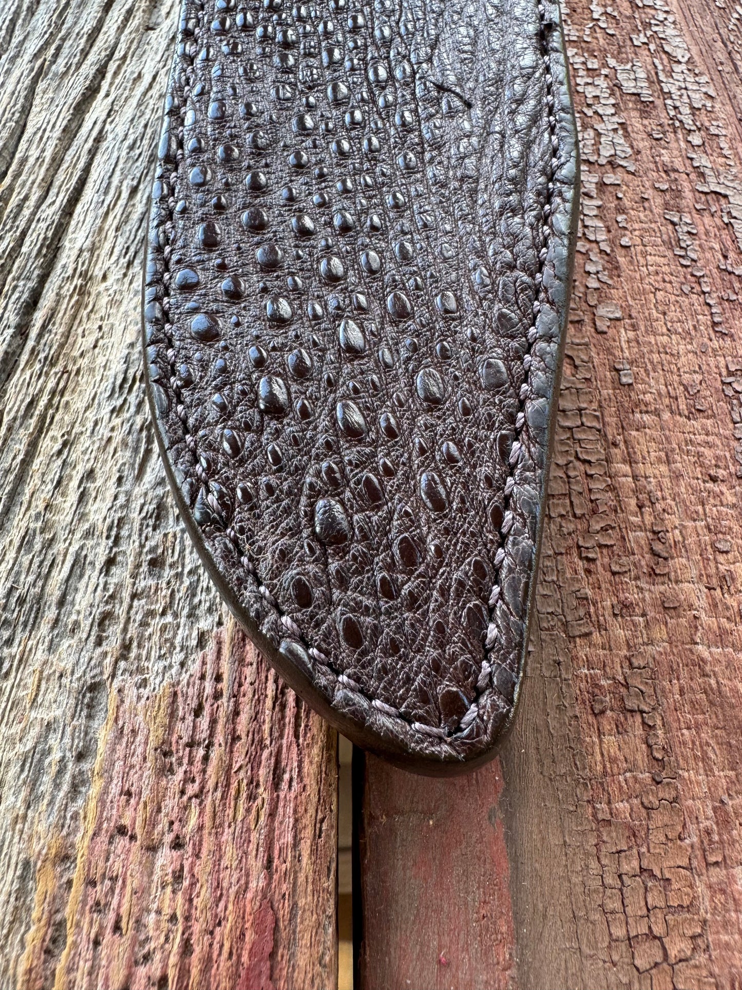 Randall Model 12-9/14 Grind Sheath in Exotic Dark Brown Snapping Turtle by Treeman. Supple tanned leather from the hind quarter.