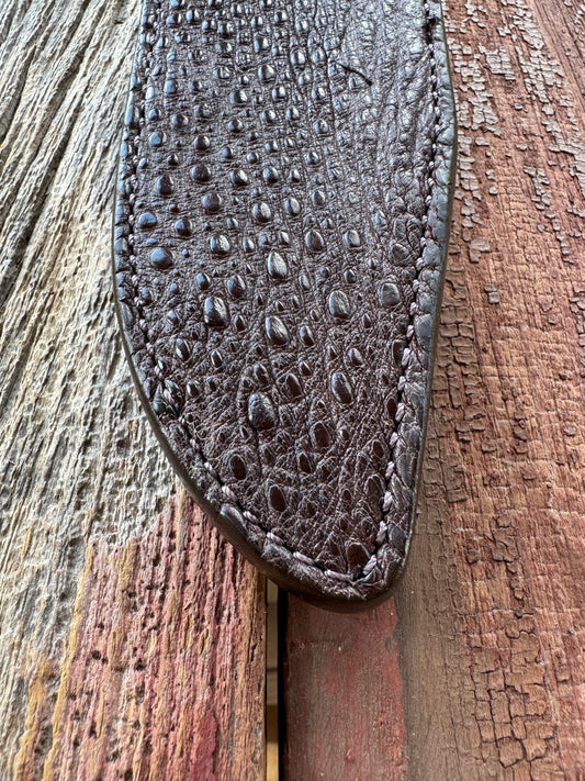 Randall Model 12-9/14 Grind Sheath in Exotic Dark Brown Snapping Turtle by Treeman. Supple tanned leather from the hind quarter.