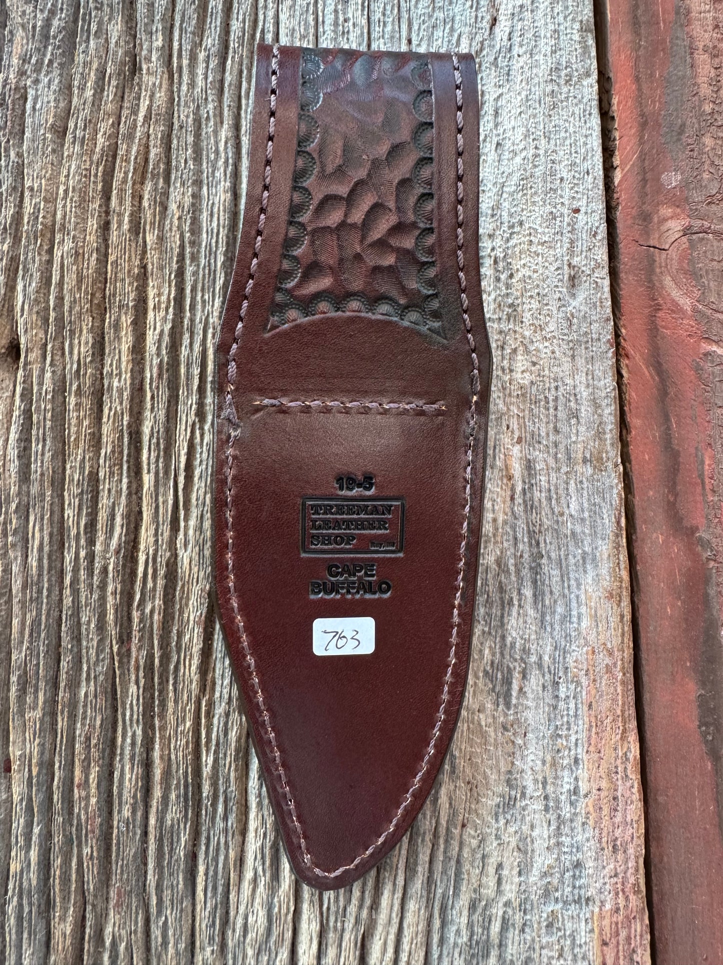Randall Model 19-5 Exotic Cape Buffalo Sheath in dark brown leather from Treeman.