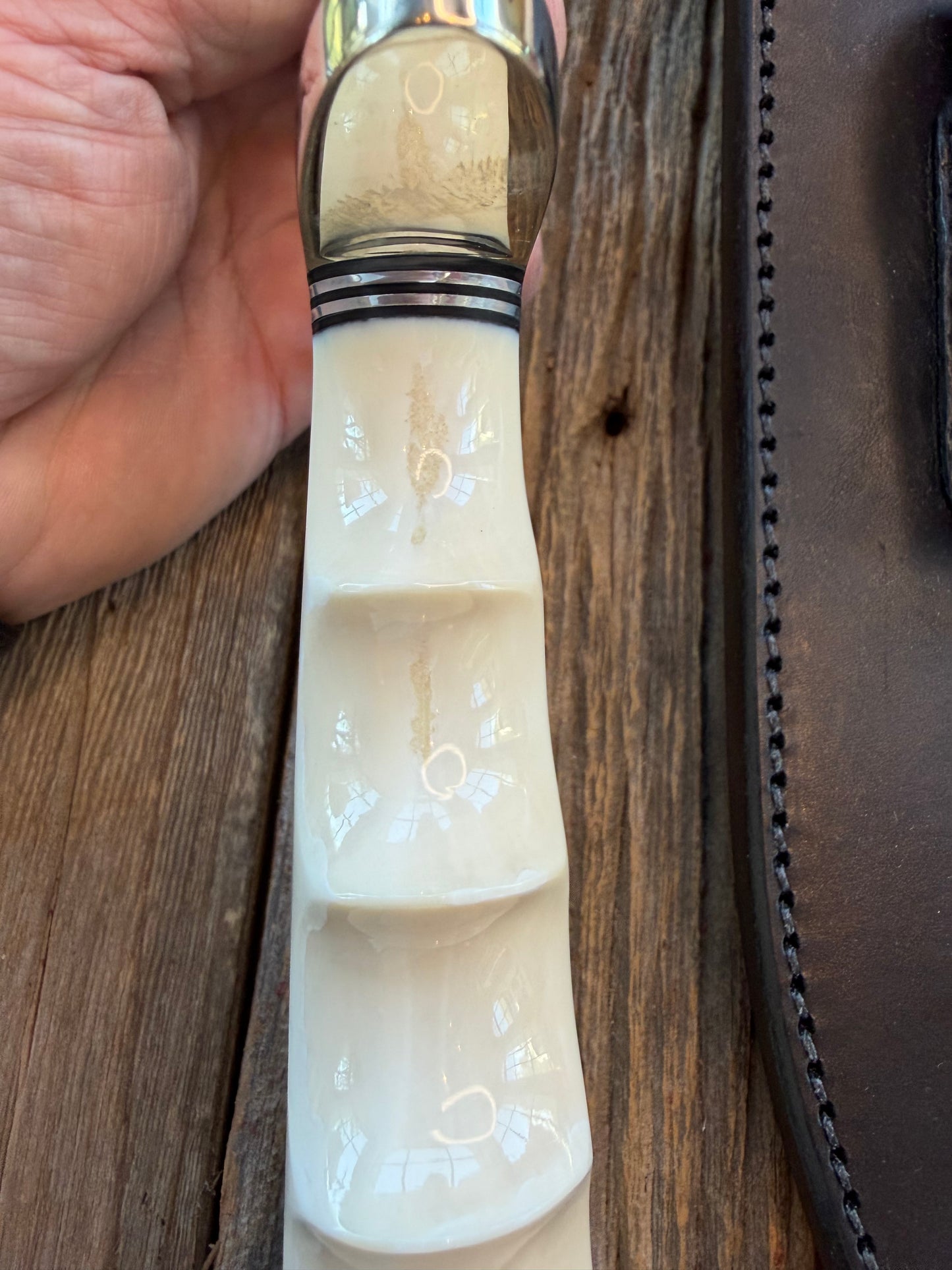 New in Paper Randall Model 12-11 Dealer Special Large Sasquatch Huge piece of Pearly White Fossil walrus Ivory, Finger Groves , # 1134 Nickel Silver Hilt and butt cap.