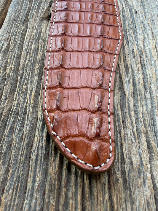 New Randall Model 12-11 Confederate Sheath in Exotic thick and textured Honey Crocodile skin ( Hornback) on brown leather from Treeman with a silver Canteen snap. Hand tooled belt loop. Killer sheath.