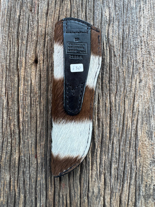 Randall Model 26 Sheath in Exotic Brown and White Zebra Throat style from Treeman.