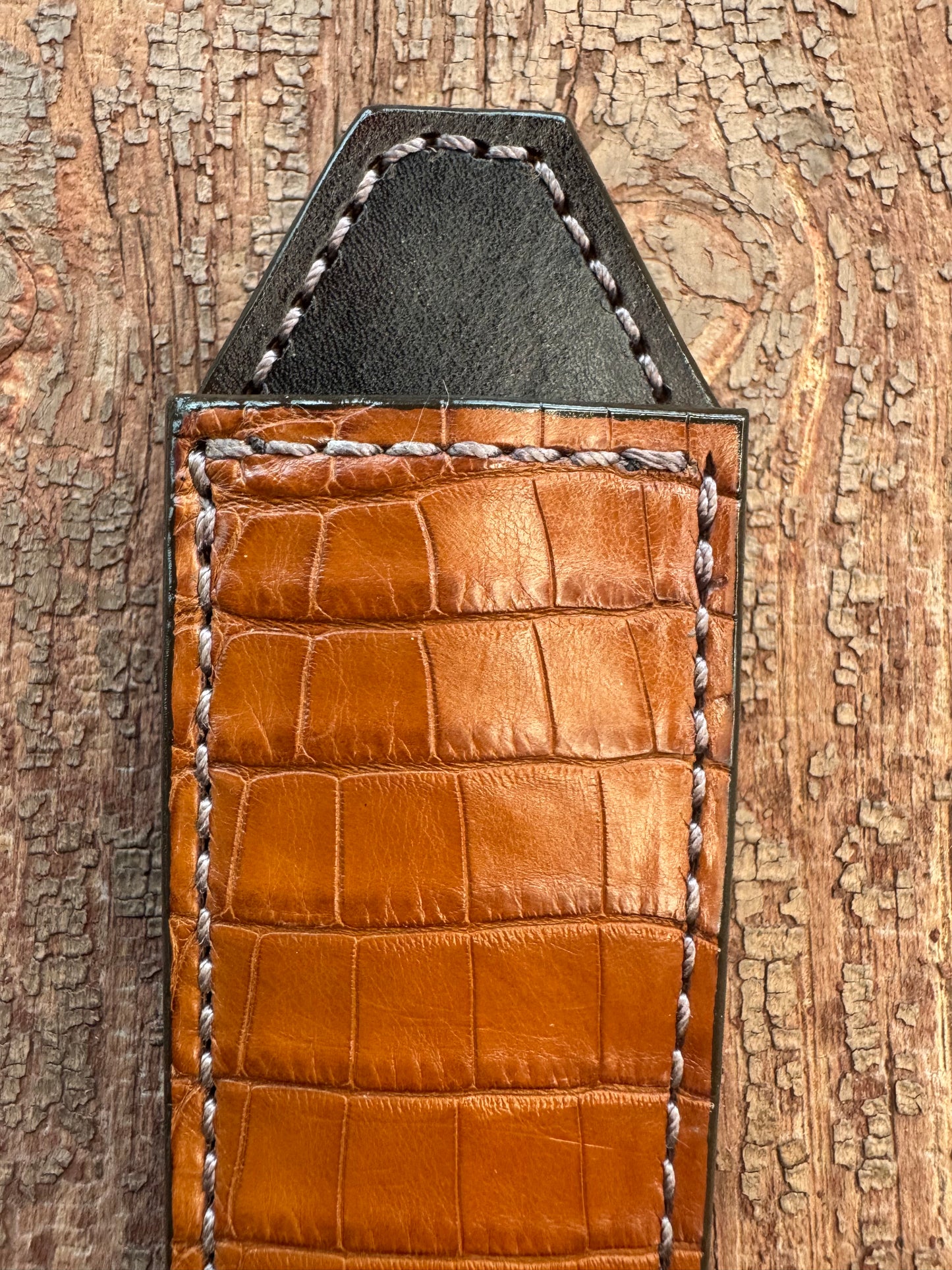 Randall Model “Gambler” 5 Inch Sheath in Exotic Honey Crocodile by Treeman. (Sheath only)
