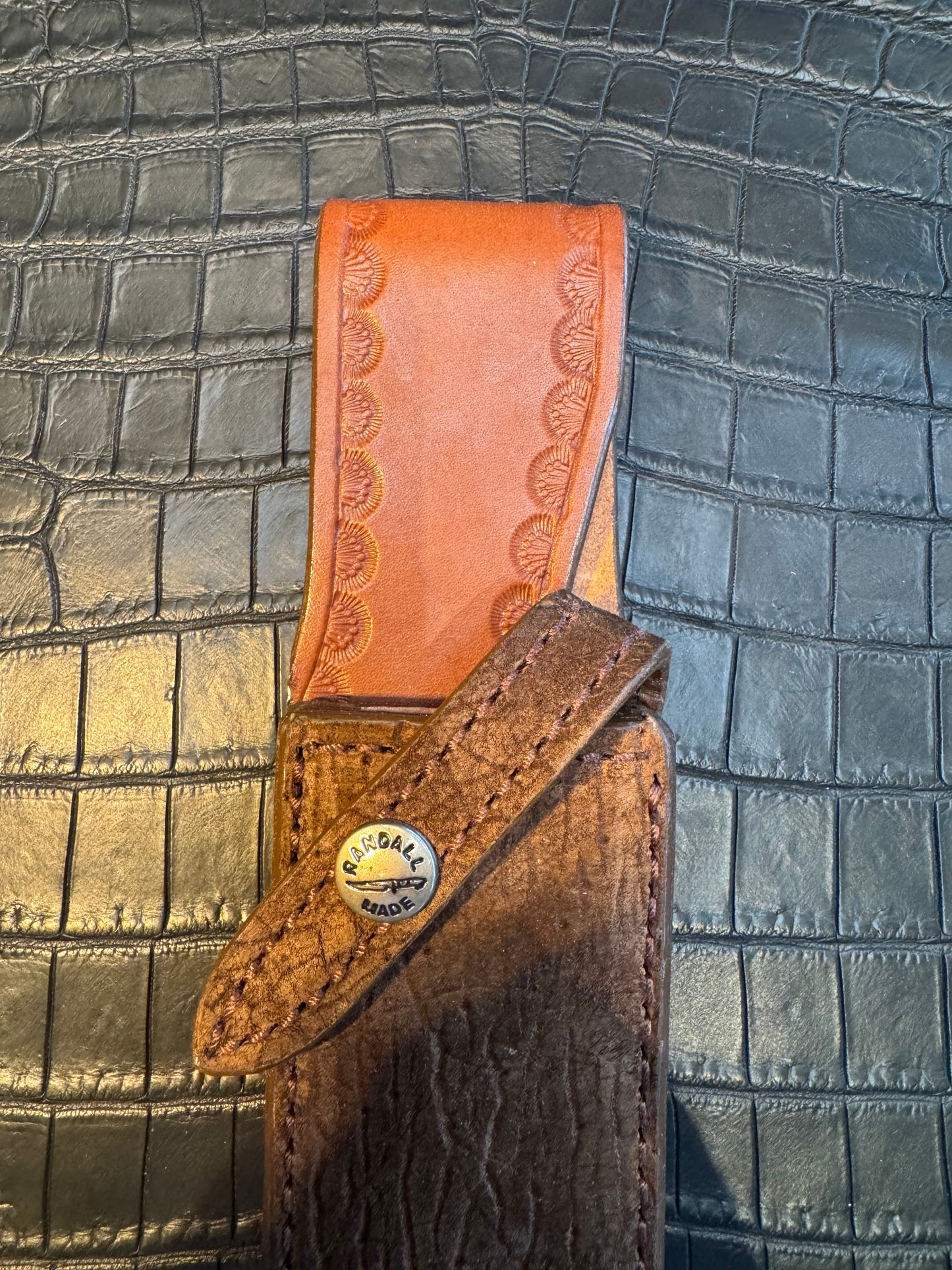 New Randall Model 2-7 Sheath in Exotic Chocolate Hippo Custom Made at Sullivan’s by Gutcher.