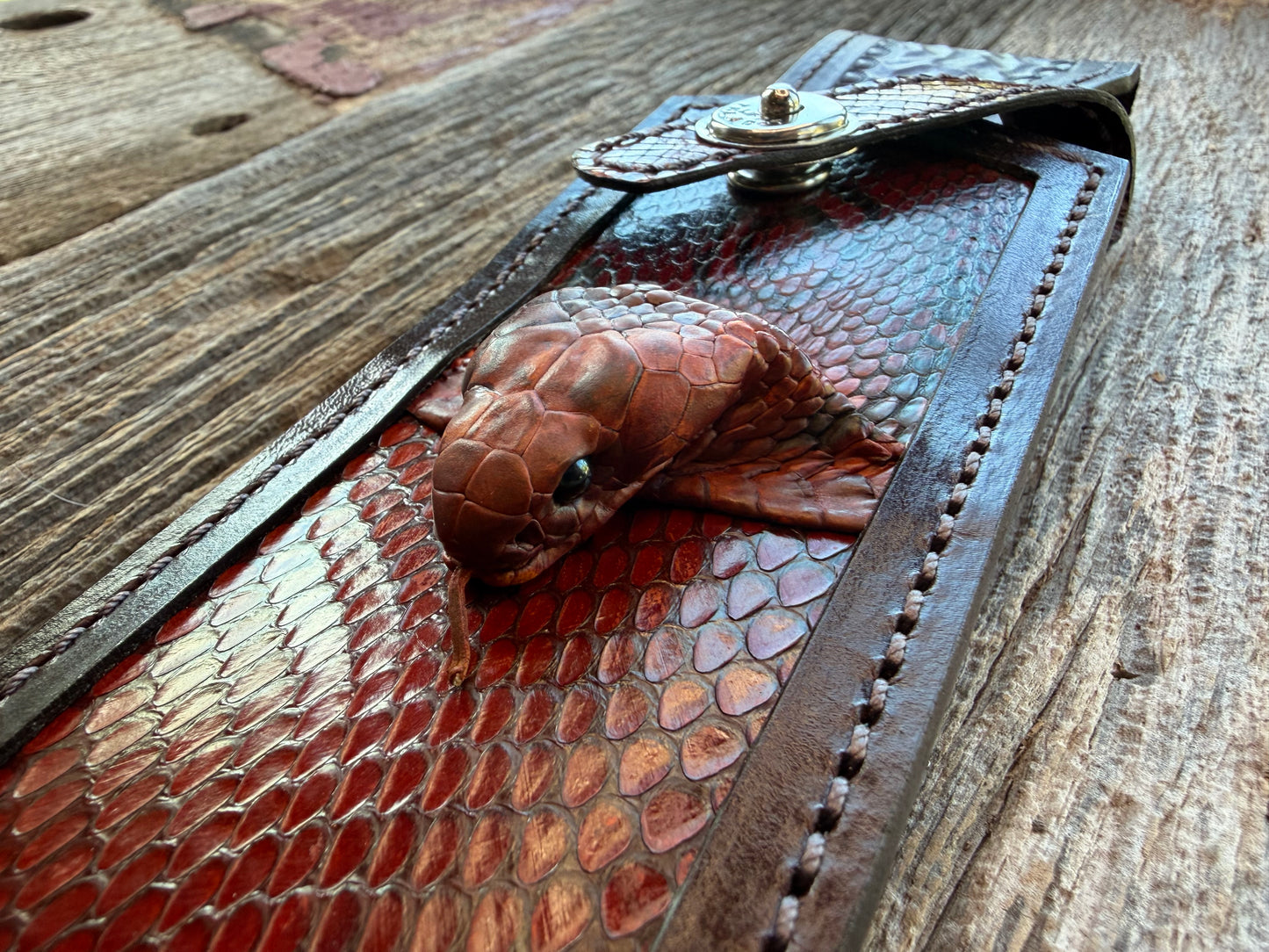 New Randall Model 12-9 Bowie Sheath in Exotic Cobra with actual head by Treeman. Black and Browns … one of only a few 12-9’s I have.
