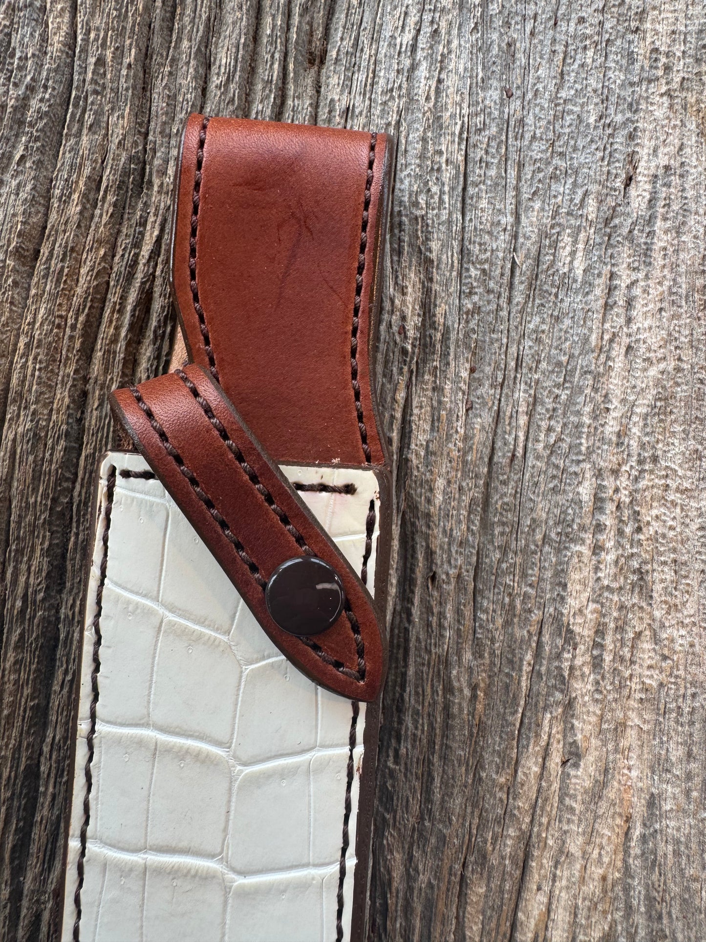New Randall Model 1-8 or 2-8 Sheath in Exotic white Natural Croc with full leather belt loop. Custom Made at Sullivan’s by Gutcher.