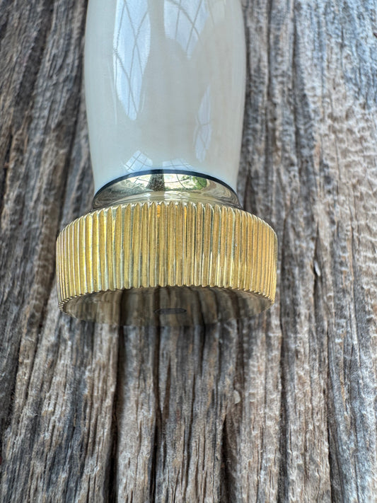 New in paper Randall Clinton Special with a nice piece of customer supplied Warthers Resin with a Stainless Steel blade, lugged Brass Hilt, brass scalloped butt cap and collar.