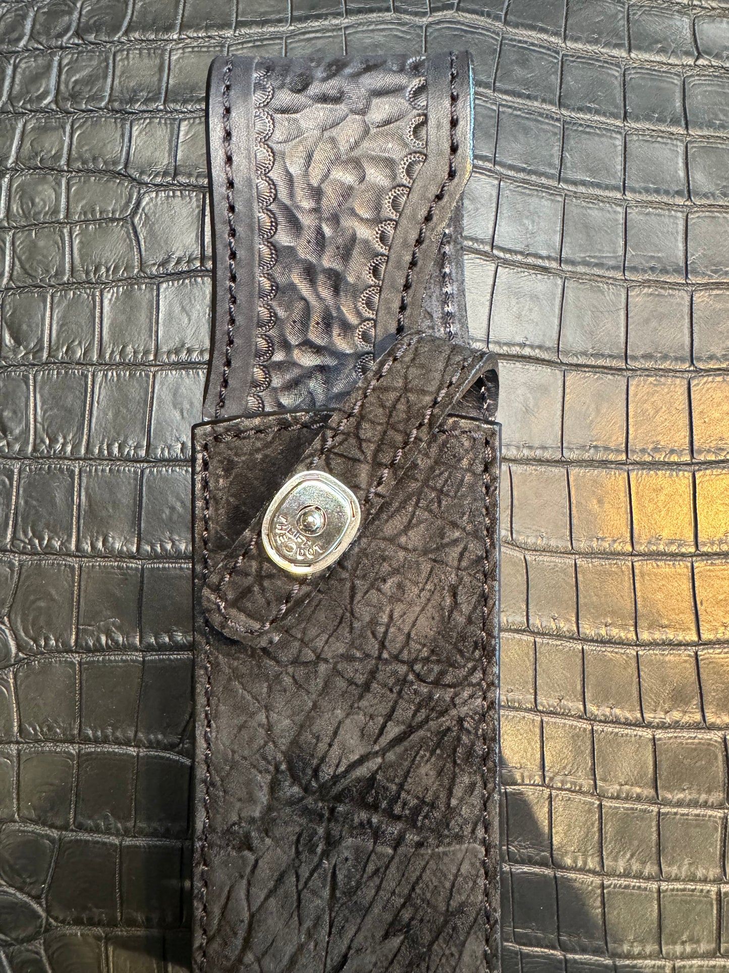 Randall Model 12-9 Bowie Clip Point in Black Hippo, forward curved hilt, Canteen Snap, full brass stamping and stitching.