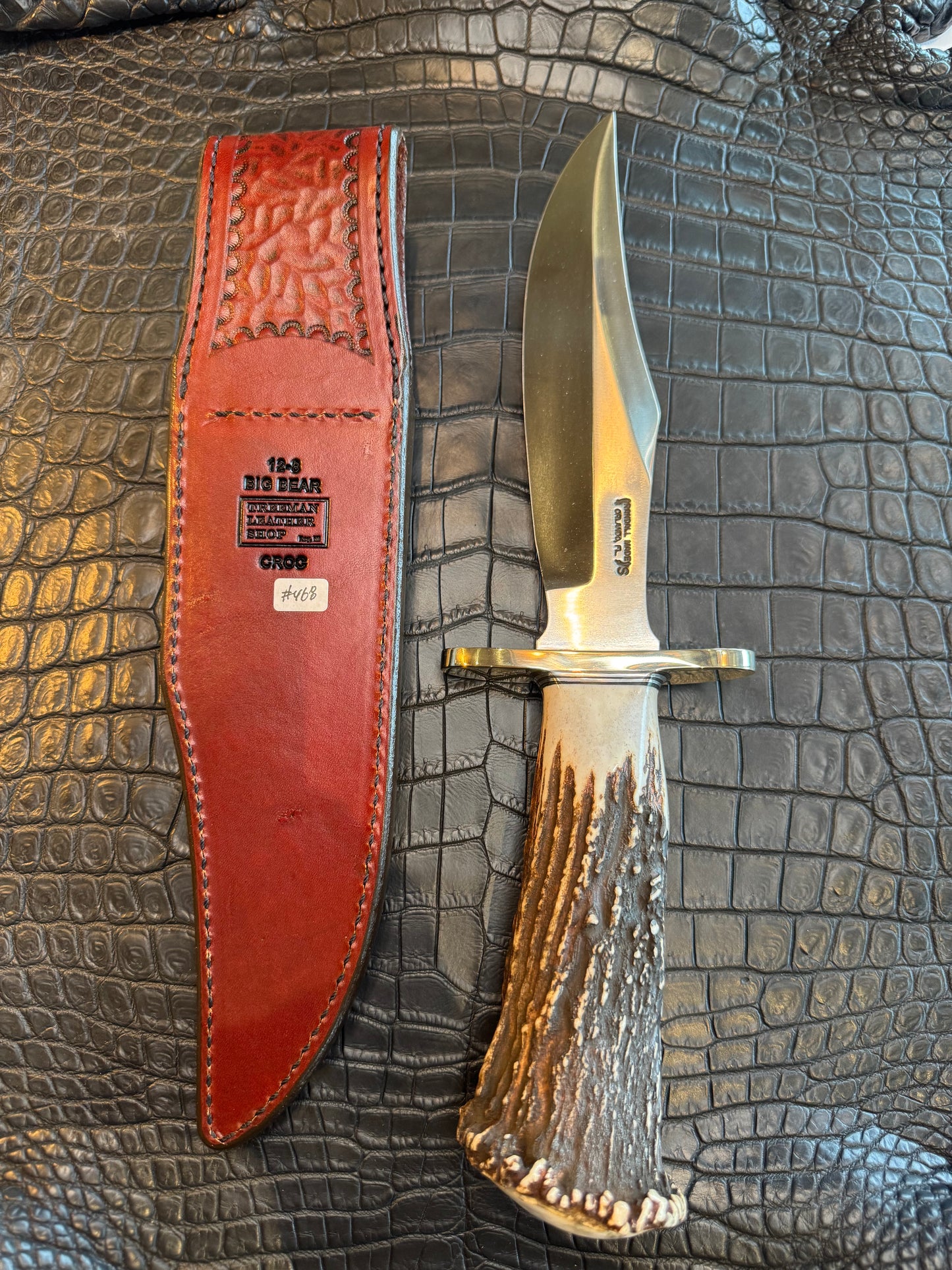 Randall Model 12-8 “Big Bear” Sheath in Exotic Army Green Crocodile by Treeman. (Sheath only)