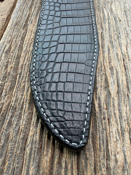 New Randall Model 12-9 Sheath in Exotic Black Matte Crocodile from Treeman with a Black Canteen snap. White thread deviated stitching on black leather..Killer sheath.