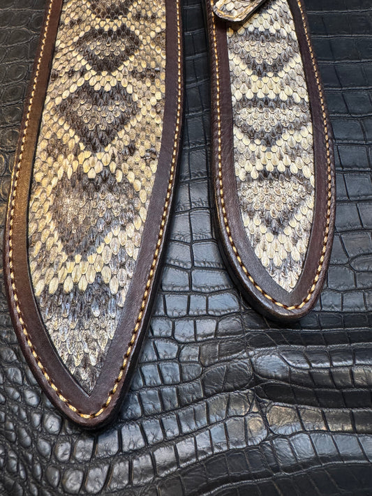 A pair of Randall Model 12-11 Large Sasquatch and Randall Model 12-8 Small Sasquatch Sheaths in Exotic Vibrant Diamond Pattern Rattlesnake skin by Treeman.
