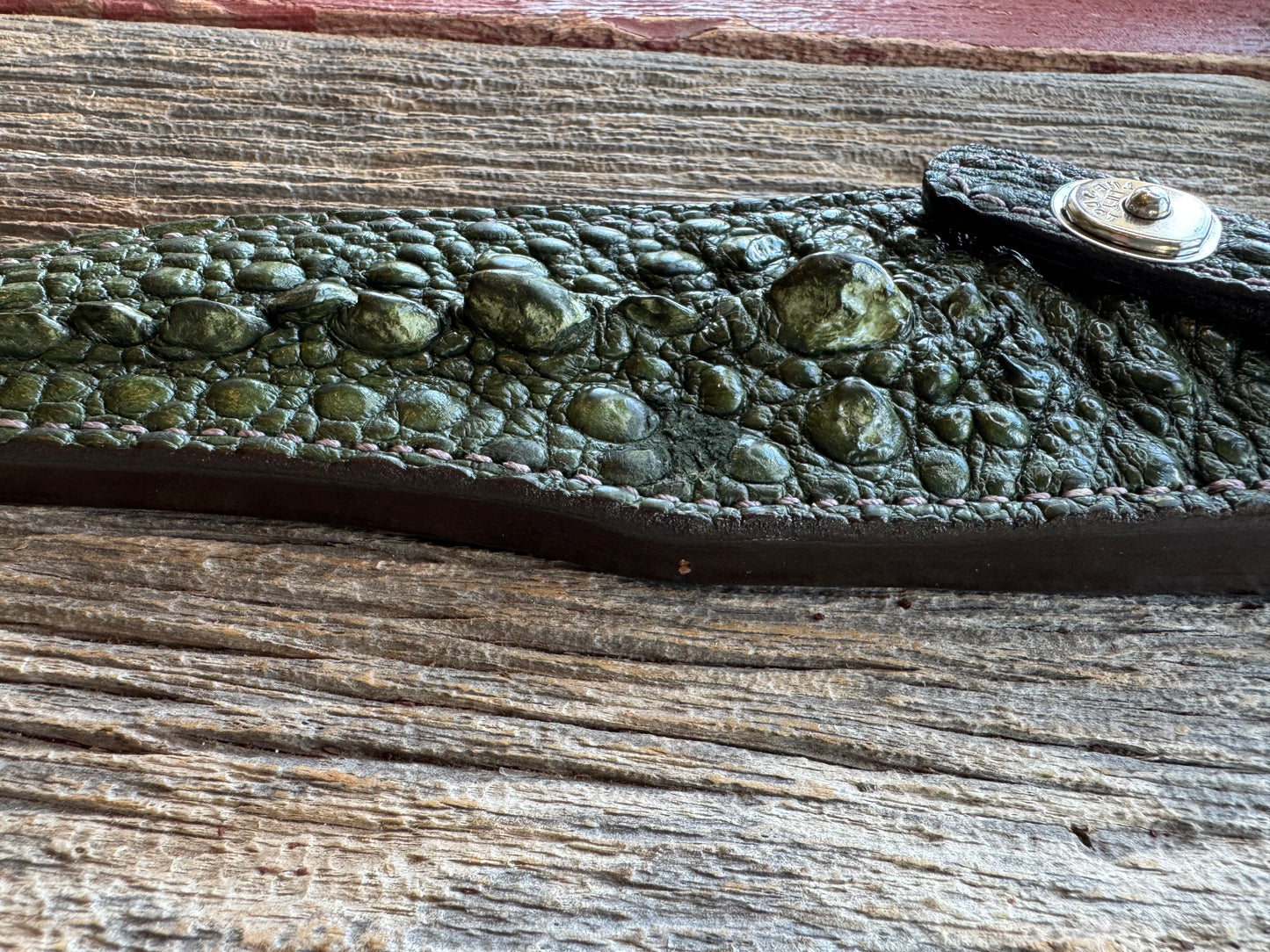 Randall Model 12-8 “Big Bear” Sheath in Exotic Army Green Snapping Turtle by Treeman. Spiked Dragon tail portion of the turtle.