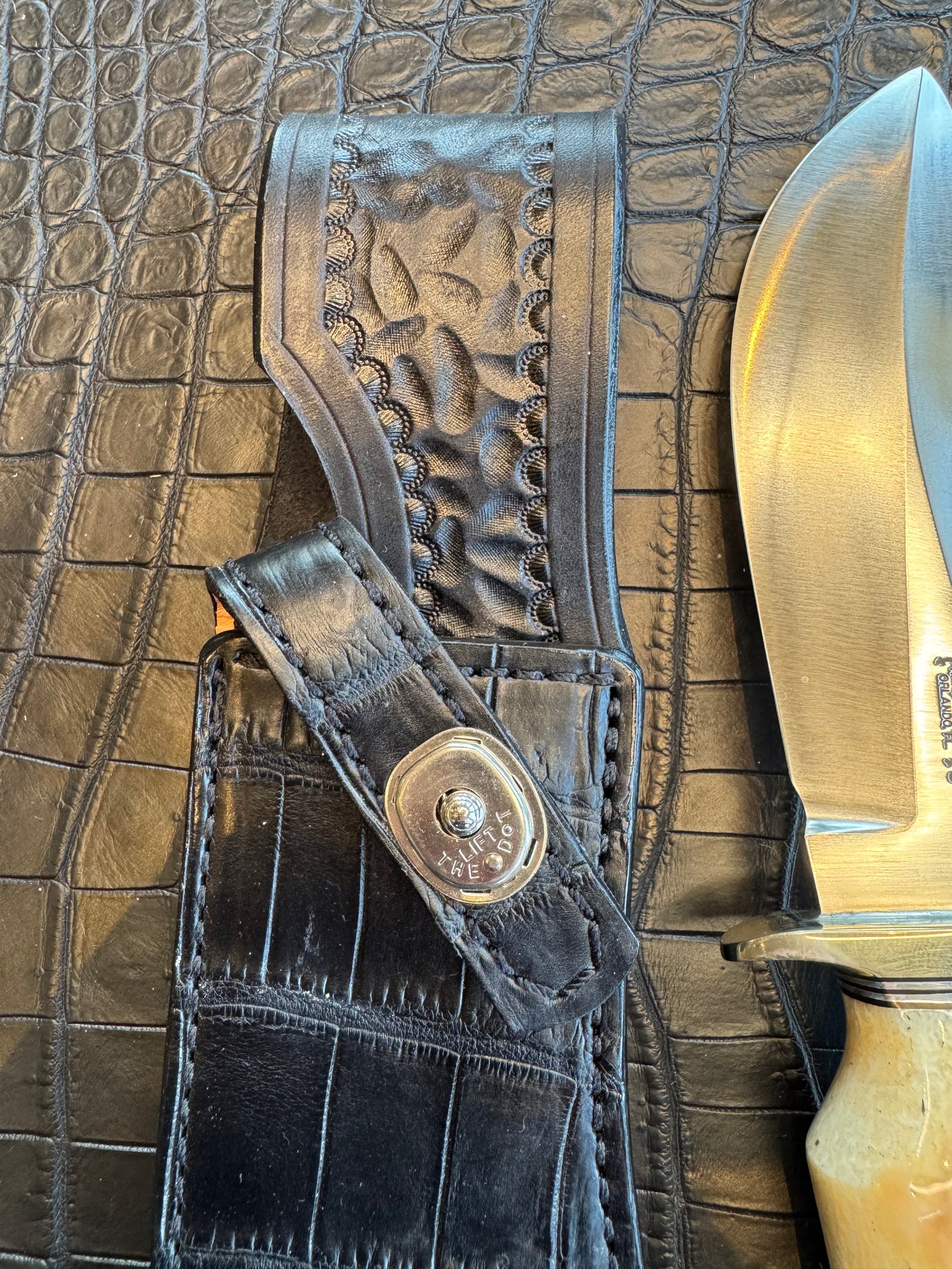 Randall Model RBS Rick Bowles Skinner Sheath in Exotic Black Crocodile Skin from Treeman. Sheath only
