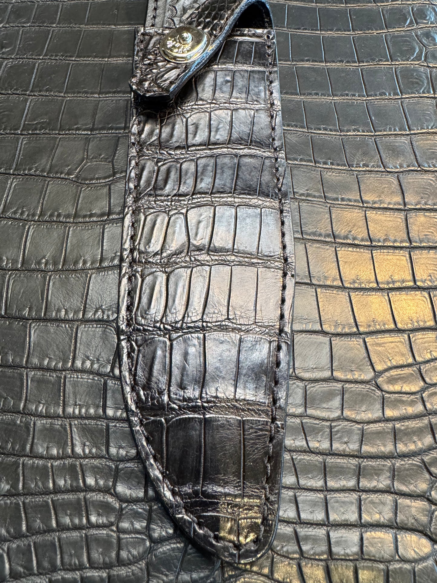 Randall Model 14 in Black Crocodile Straight hilt, Canteen Snap, full brass stamping and stitching.