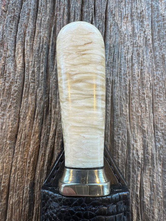 Randall Model Gambler in Musk Ox. Nice piece of Musk Ox with a natural rounded end. Nickel Silver Hilt and collar. Black Crocodile Treeman Sheath.