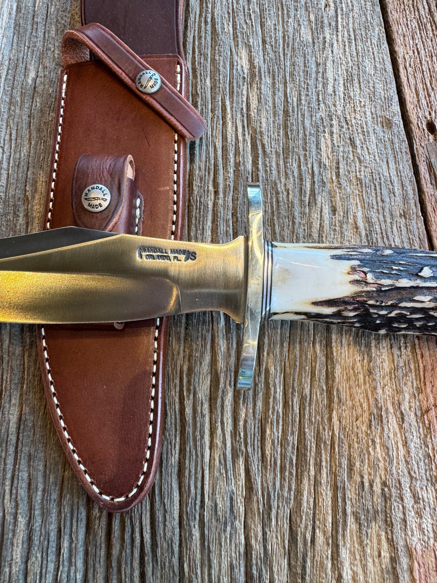 New in paper Randall Knife Model 12-8 “Big Bear” Large piece of Gnarly Popcorn Stag. Nickel silver hilt and butt cap. Stainless steel.