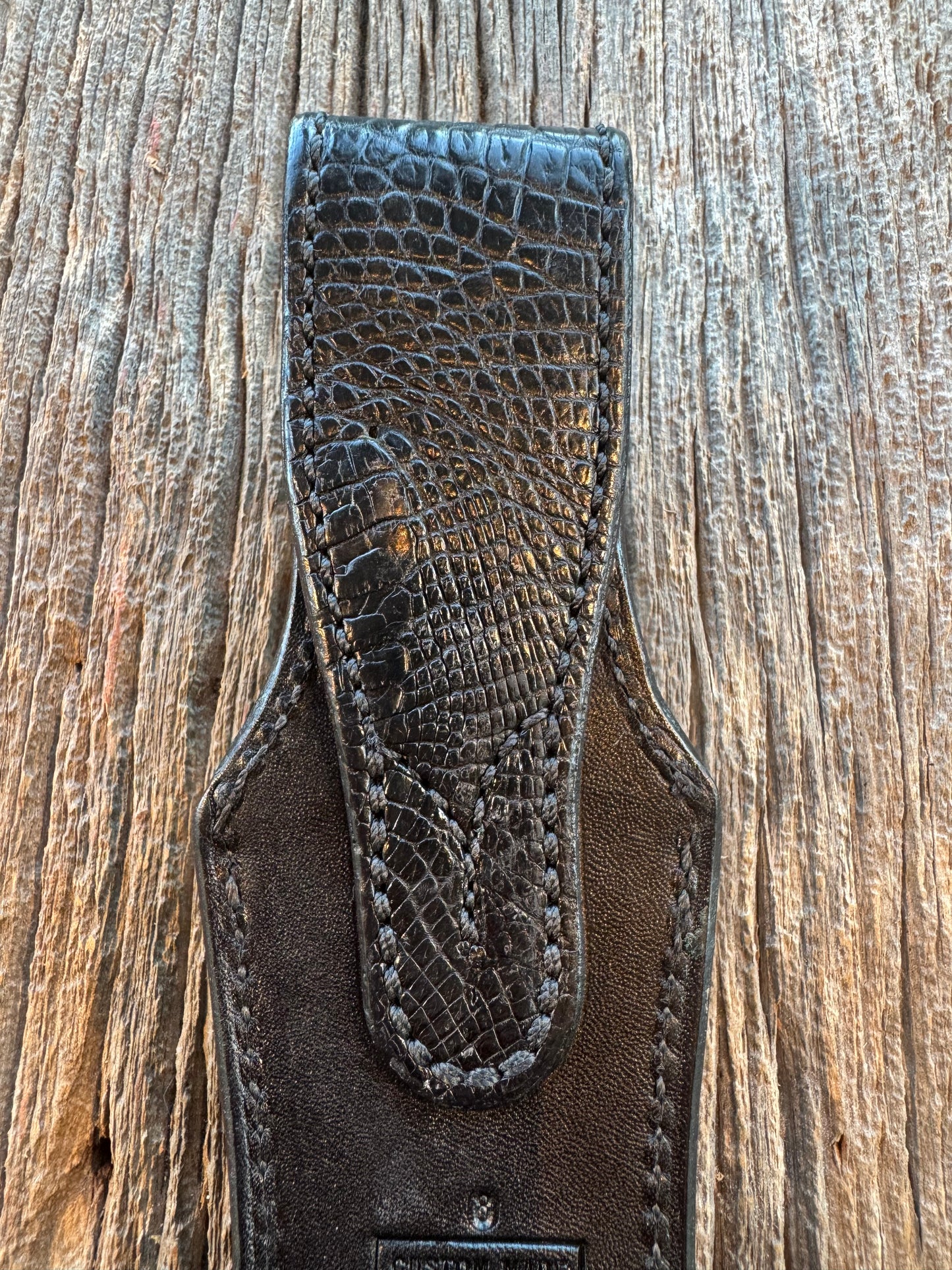 New Randall Model 1-8 or 2-8 Sheath in Exotic Black Natural Croc with full belt loop, back and front and loop in Black Croc( very rare) Custom Made at Sullivan’s by Gutcher.