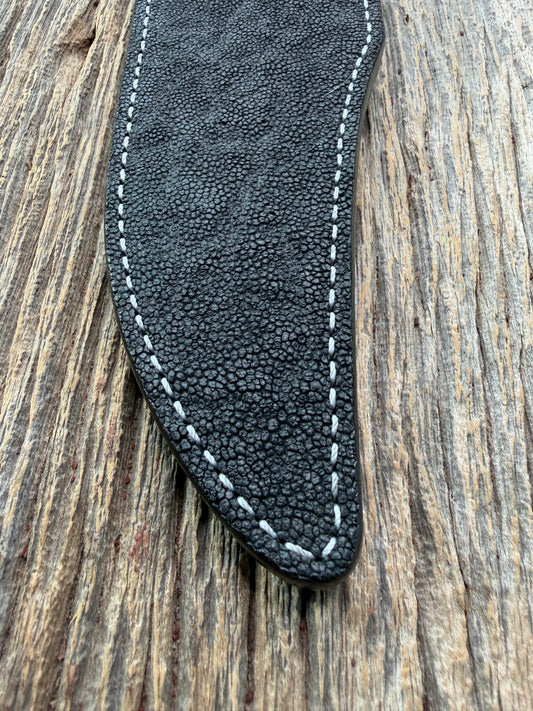 New Randall Model 12-8 Sheath in Exotic Black Matte Elephant Hide from Treeman with a Black Canteen snap. White thread deviated stitching on black leather..Killer sheath.